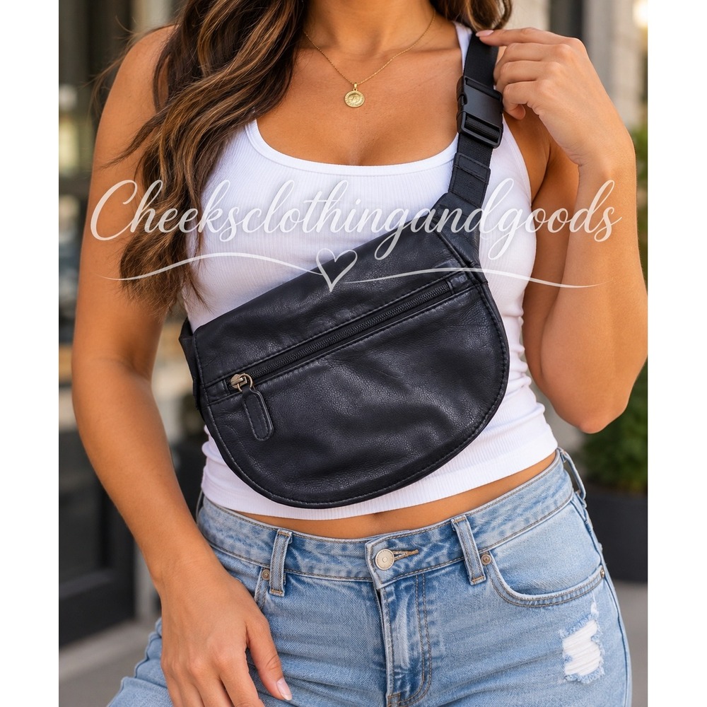 Green Fields Black Leather Fanny Pack Belt Bag Adjustable Strap Waist Pouch